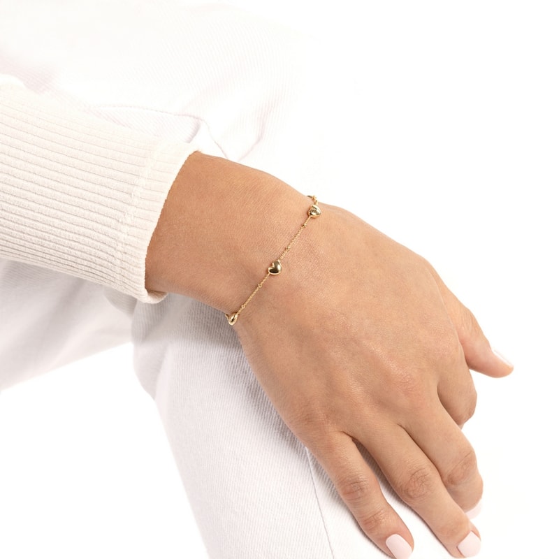 Curata 14k Yellow Gold 7.25" Puffed Heart Station Adjustable Saturn Chain Bracelet