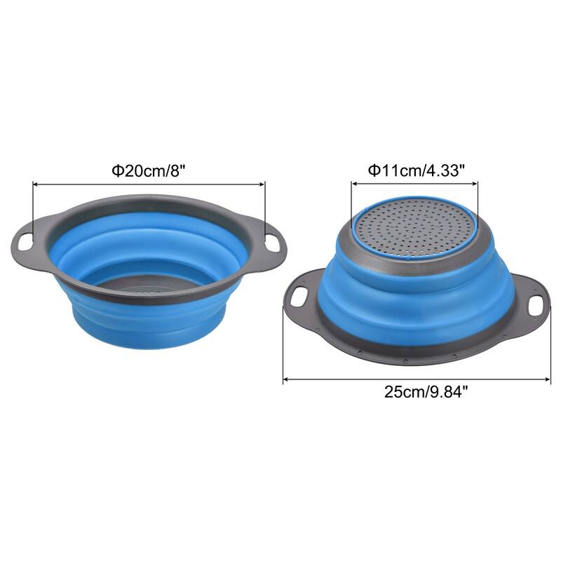 Collapsible Colander, Silicone Round Foldable Strainer with Handle - 20cm x 11cm x 8.5cm - Blue