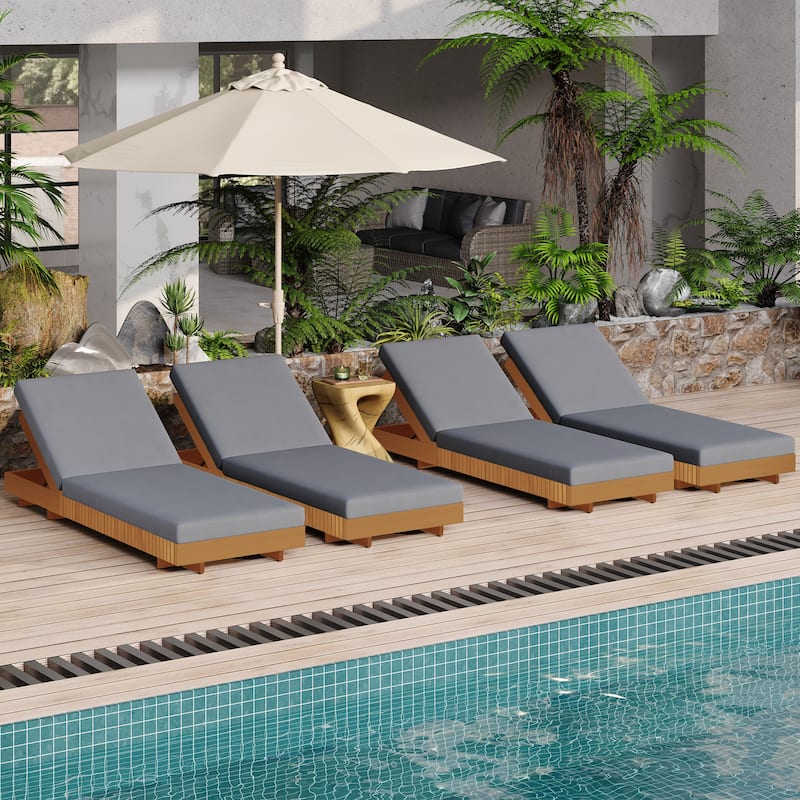 Christopher Knight Home - Gimmie Lounge Chaise Set Solid Acacia Wood with Waterproof Cushion & Adjustable Backrest - Dark Grey + Set of 4