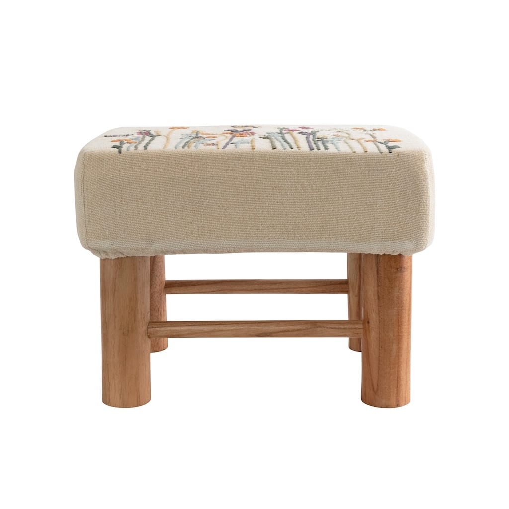 Cotton Upholstered Stool with Floral Embroidery and Pine Wood Legs