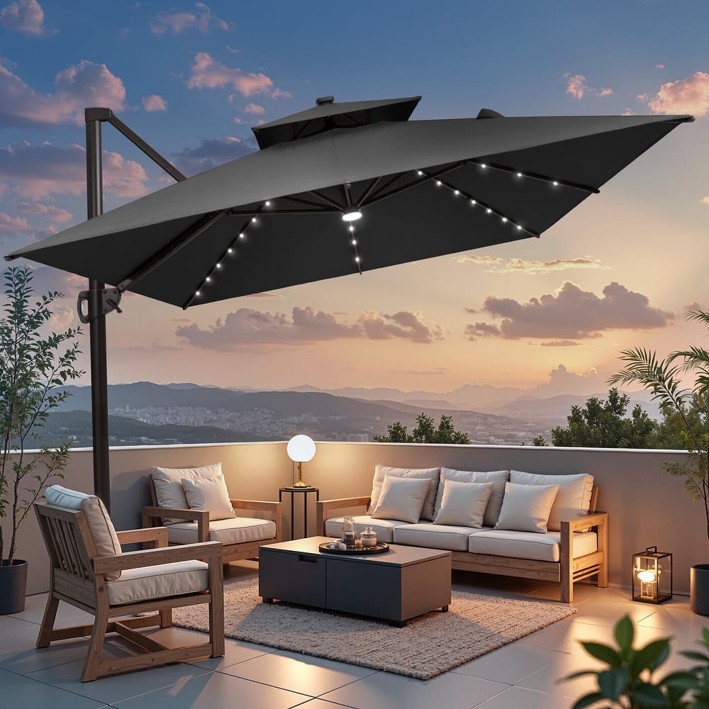 10 X 13 FT Outdoor Patio Cantilever Umbrella with Solar Lights Double Canopy 360 RotationTilt