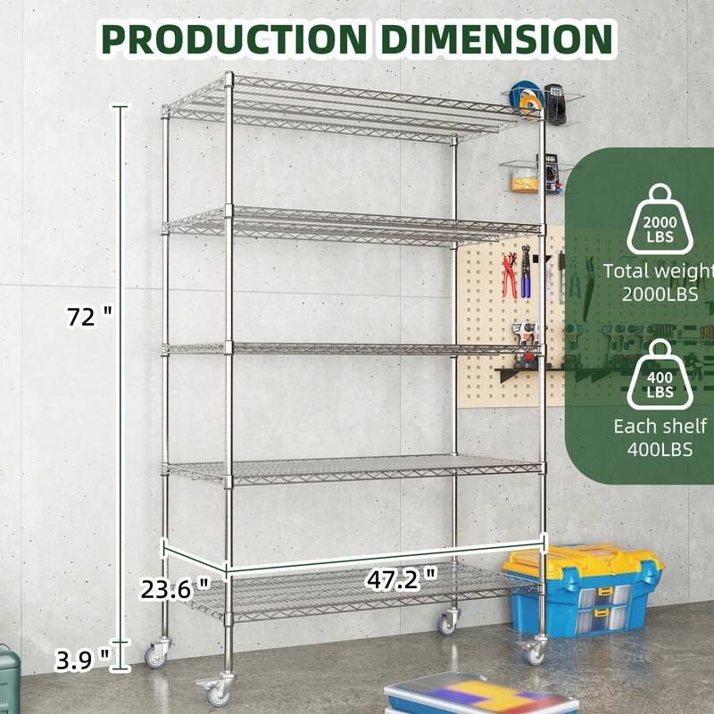 3/5/6-Tier Adjustable Heavy Duty Wire Shelving Unit with Wheels, Chrome/Black/White