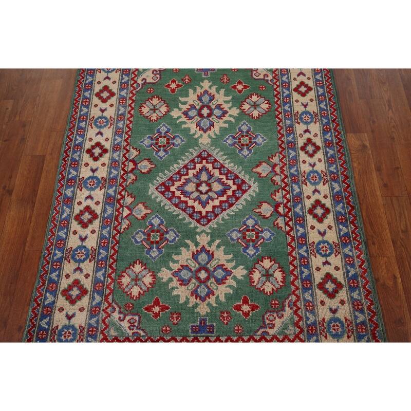 Green Geometric Kazak Oriental Accent Rug Handmade Wool Carpet - 3'4" x 4'10"