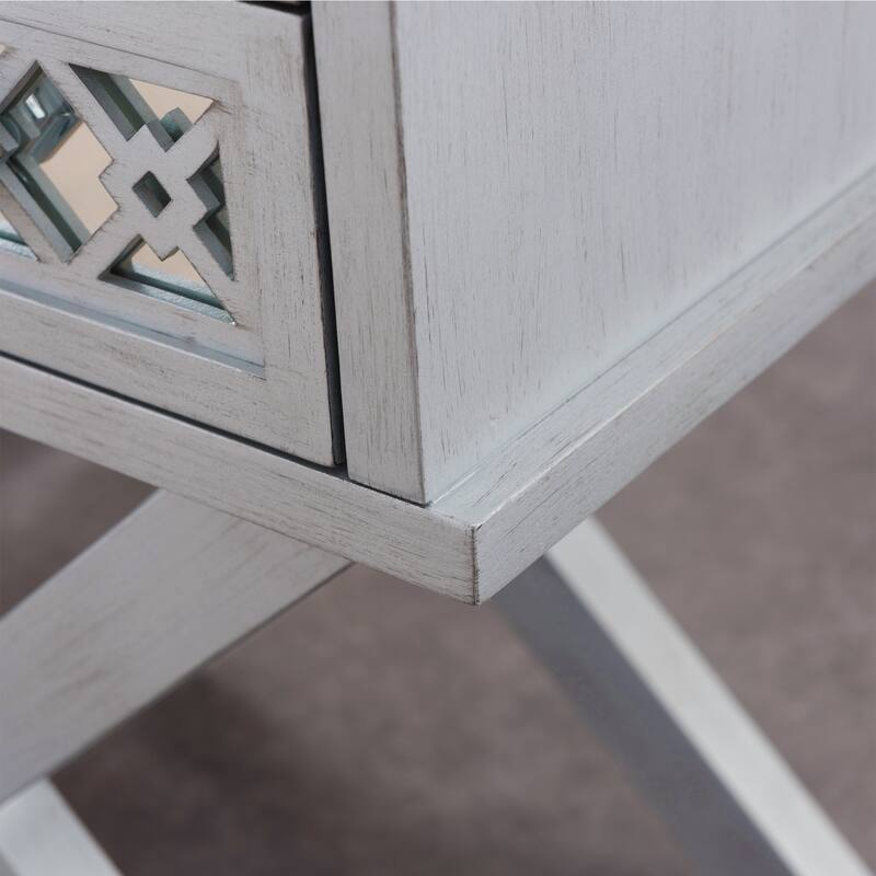 Silver Leaf Nightstand with Mirrored Drawers, Diamond Pattern Side Table, 2 Drawer Wood Base End Table, 22" x 16" x 28"