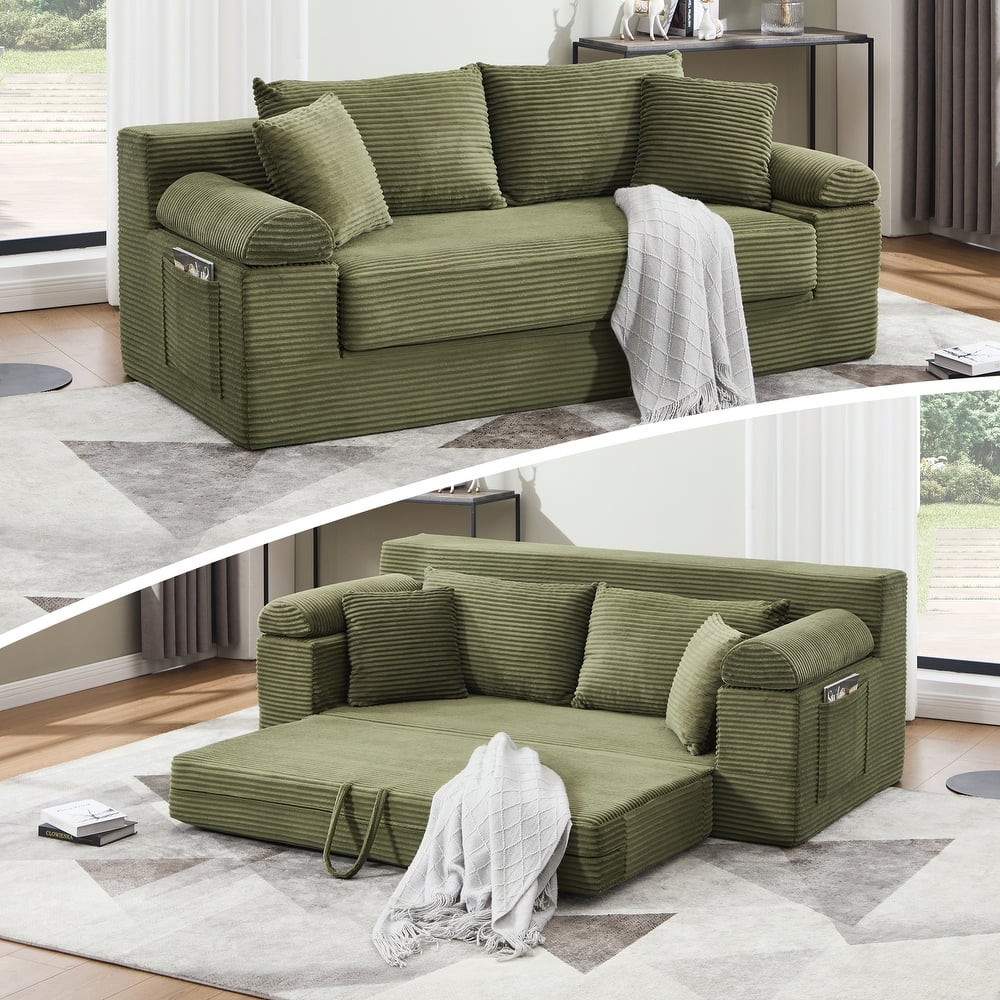 78" W Convertible Sleeper Sofa Bed Corduroy Loveseat with Pillows