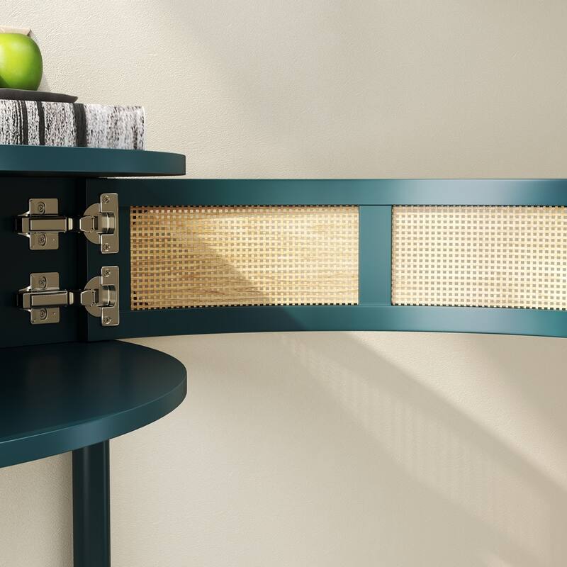 Half Moon Design End Table with Sliding Rattan Door