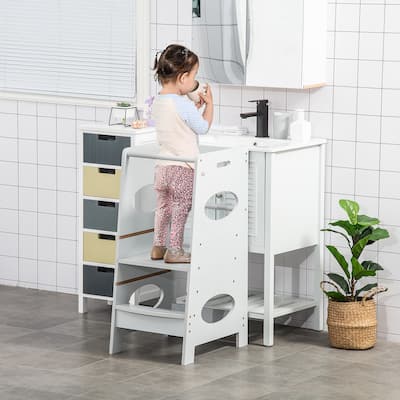 HOMCOM Kids Step Stool Toddler Kitchen Stool with Adjustable Standing Platform for Kids Kitchen - 15.75"L x 19.75"W x 35.5"H