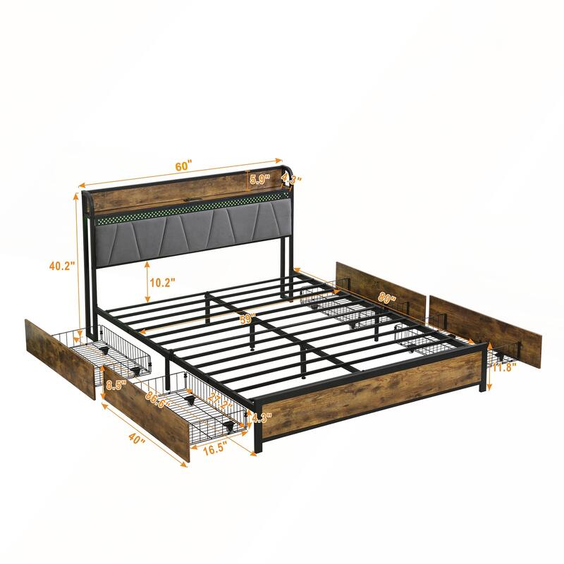 Full Size Bed Frame with Charging Station and LED Lights
