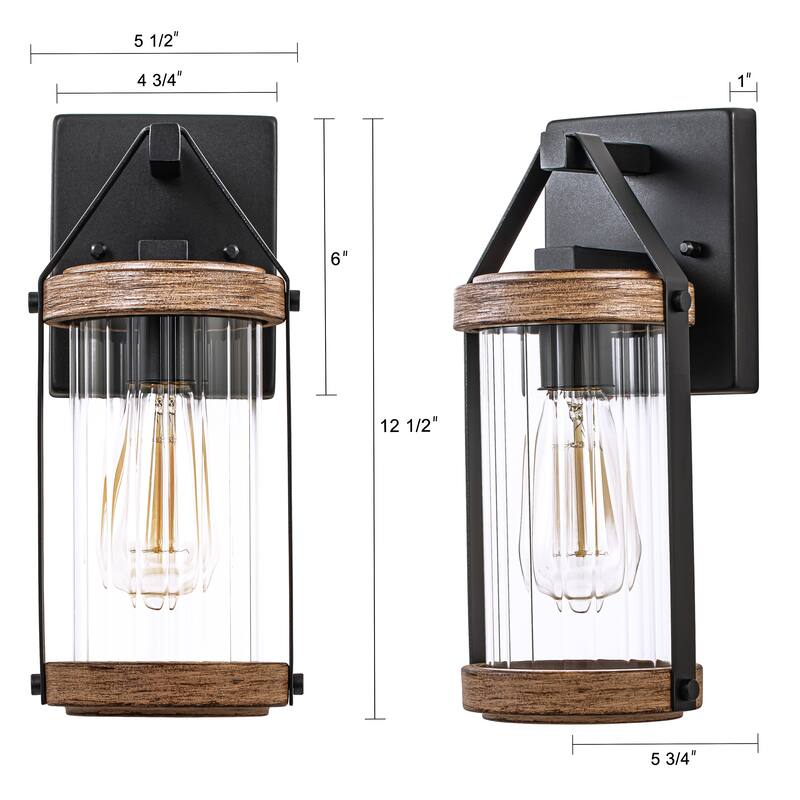 C Cattleya 2-Pack Black and Woodgrain Outdoor Wall Sconces Light