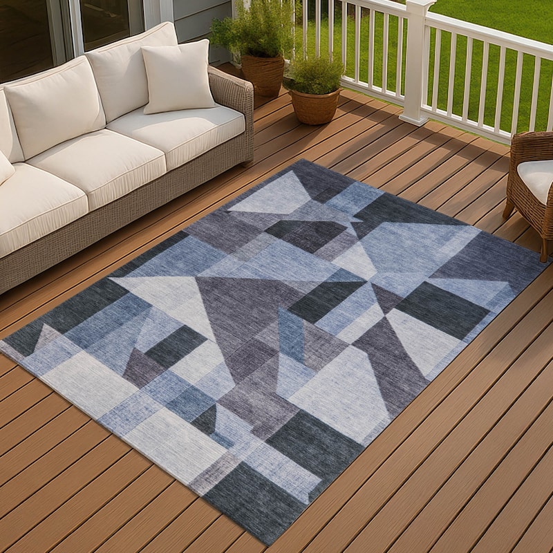 Machine Washable Indoor/ Outdoor Modern Geo Chantille Rug - Blue - 9' x 12'