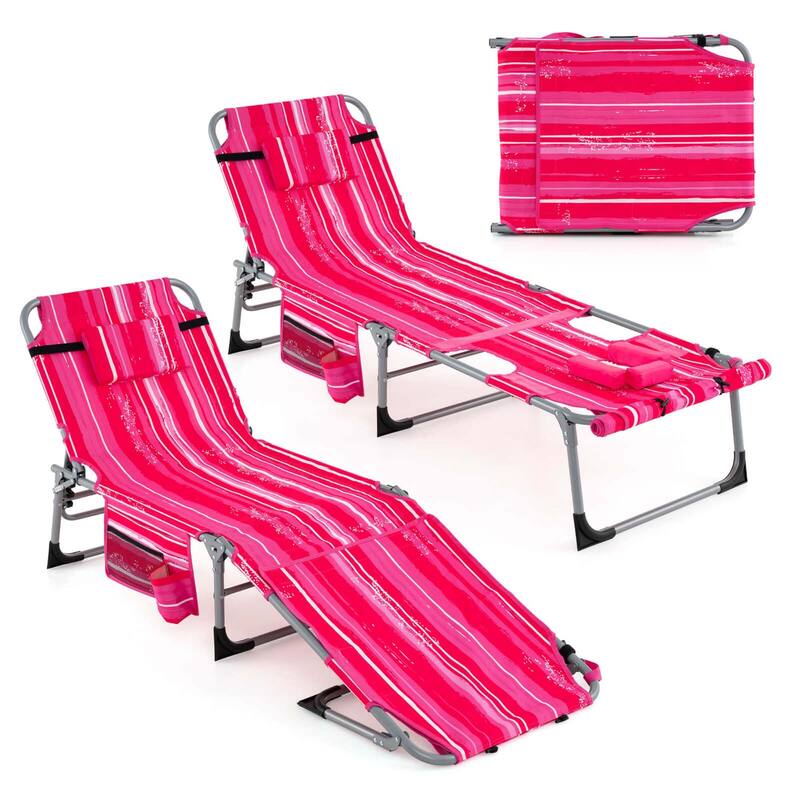 Goplus 2 PCS Outdoor Folding Chaise 5-Position Lounge Chair with - See Details - Pink