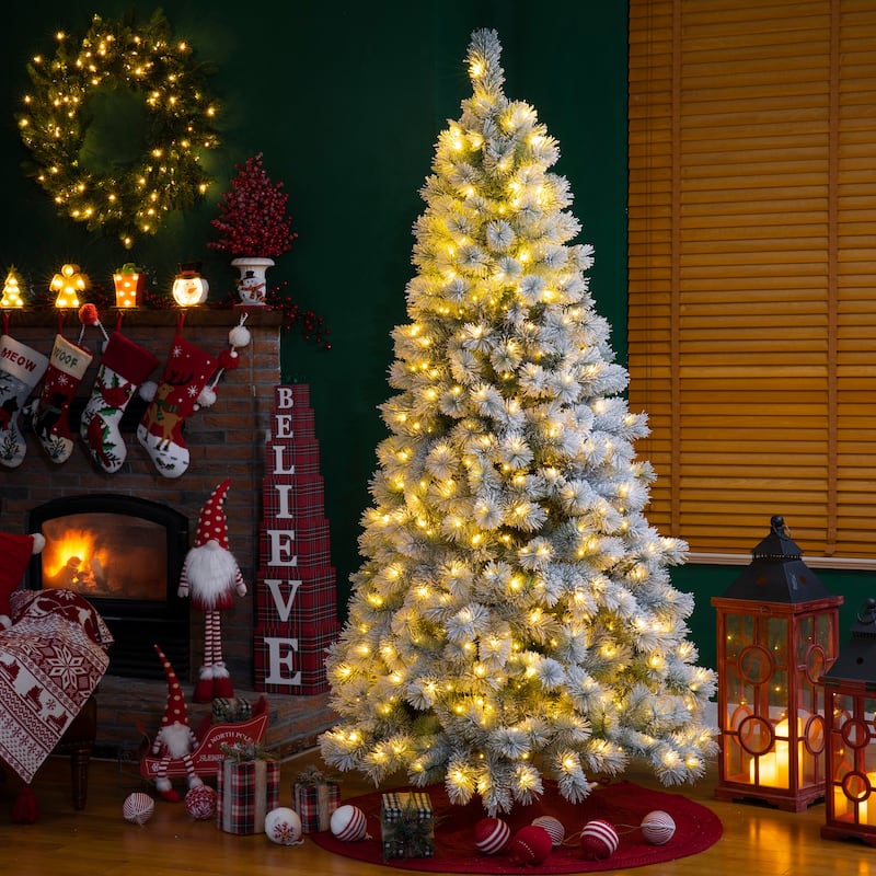 Glitzhome 6FT/7.5FT/9FT Warm White or Multi-Colored Pre-Lit Flocked Pine Artificial Christmas Tree