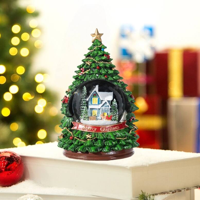 Glitzhome 100mm Christmas Resin Lighted Musical Snowflakes Christmas Tree Waterglobe