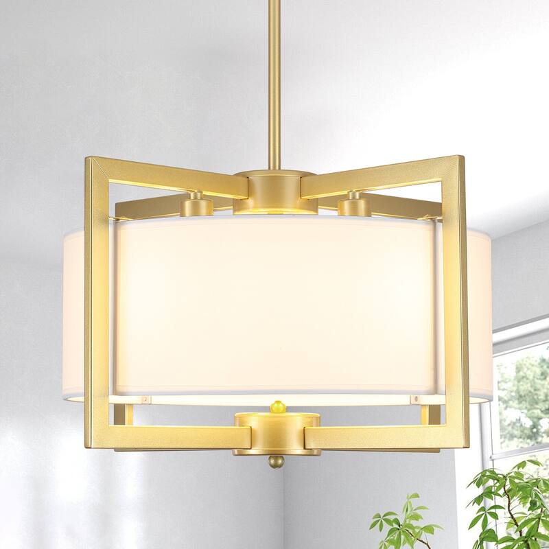 Modern 4 Light Pendant with Fabric Shade and Adjustable Height Metal Pole Light Bulb Not Included - Gold