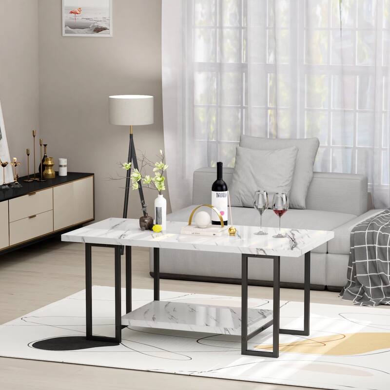 2 -Tier Rectangle Coffee Table, Black Base and Faux Marble Table top for Living Room, Double Metal Leg Design