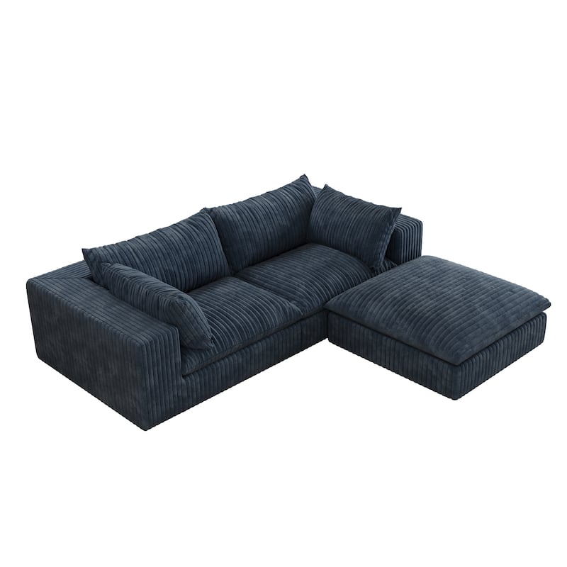 Corduroy Loveseat & Ottoman Set, L-shaped Sectional Sofa with Double-layer Seat Cushions, Modular Chaise Lounger Couch