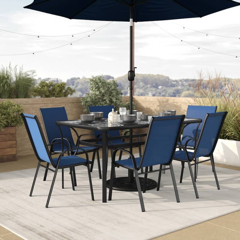 7 Piece Patio Dining Table and Chairs Set with Glass Table and 6 Chairs - Navy