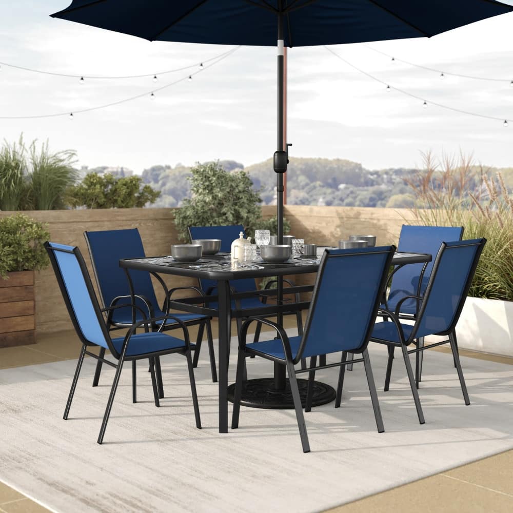 7 Piece Patio Dining Table and Chairs Set with Glass Table and 6 Chairs