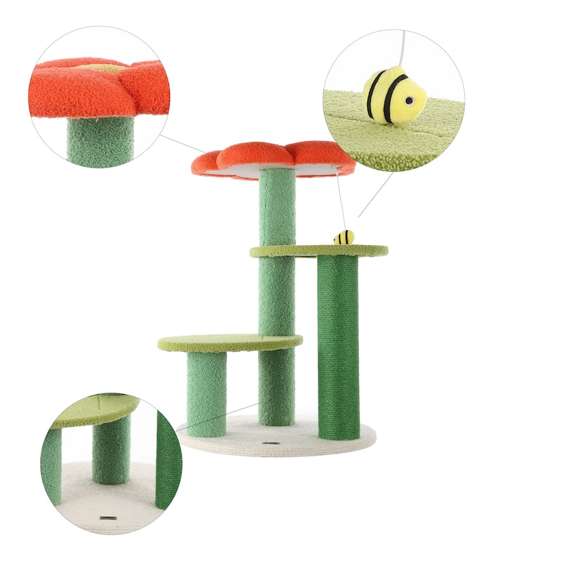 Poppy 29" 3-Tier Modern Jute Flower Cat Tree with Dangling Toy, Orange/Green