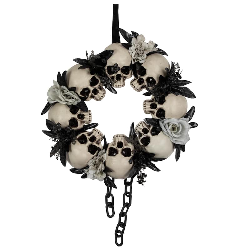 Skulls and Chains with Gray Roses Halloween Wreath 15-Inch Unlit