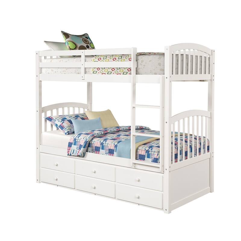 Twin Over Twin Bunk Bed with Trundle and Drawers, White, for Teens and Guest Rooms