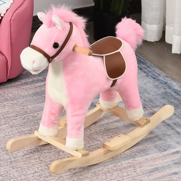 slide 2 of 5, Qaba Rocking Horse Plush Animal on Wooden Rockers with Sounds, Pink