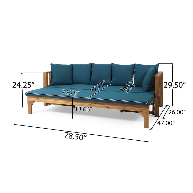 Outdoor 3-Seater Acacia Wood Sofa w/ Cushions, Extendable Patio Daybed