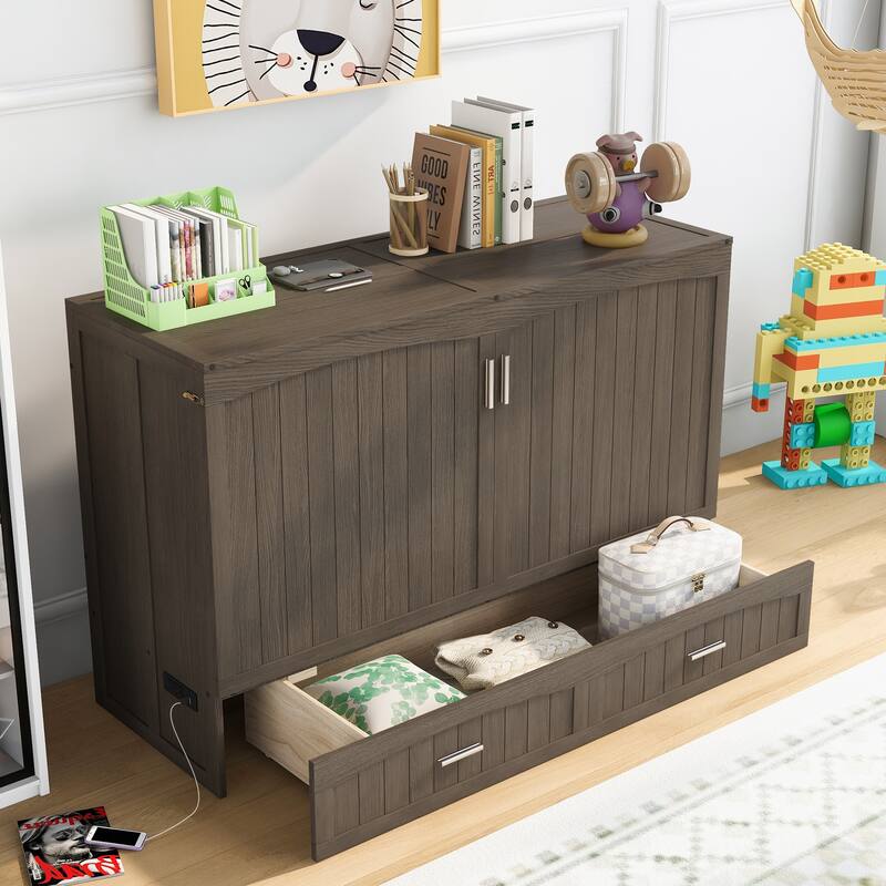 Queen Size All-in-One Murphy Bed w/ Charging Station Upholstered Bed & USB Port Platform Bed Frame, Space-Saving, Easy Assembly