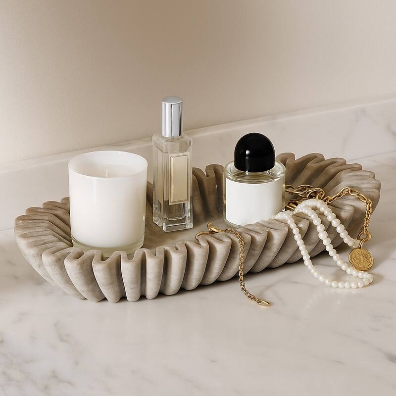 Decorative Wavy Marble Bowl with Ribbed Texture -Home Decor - 16", Tan