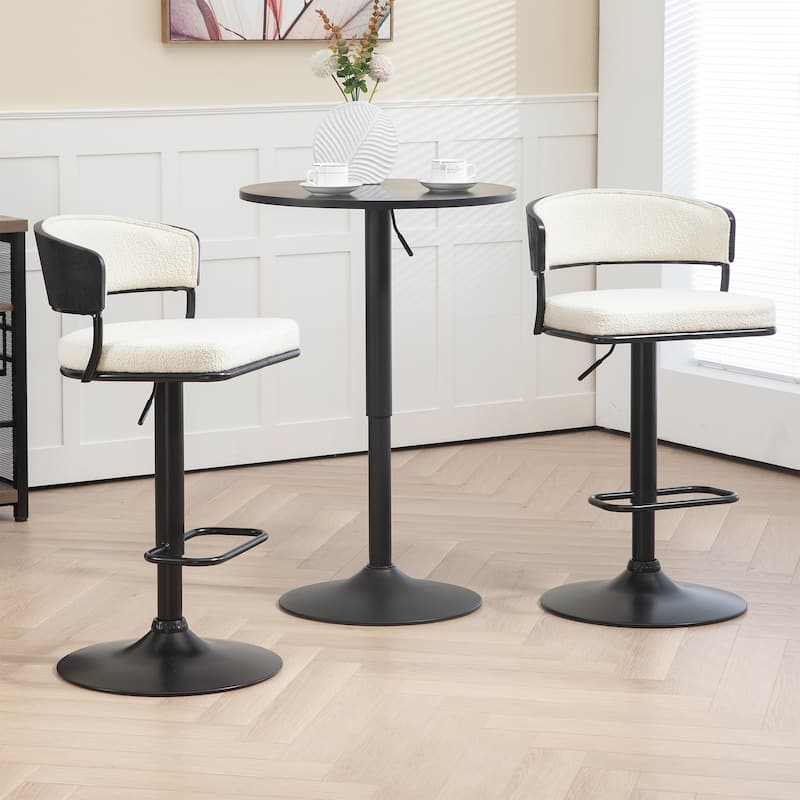Bayle White Boucle Fabric Adjustable Swivel Bar Stool with Iron Pedestal