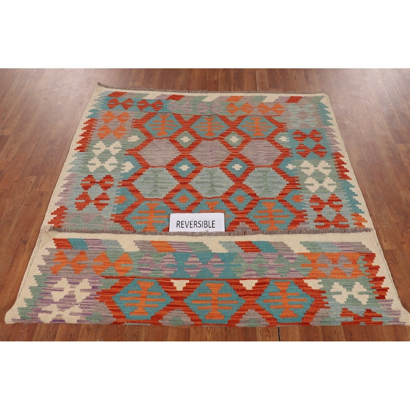 Kilim Reversible Oriental Area Rug Hand-Woven Multi-Color Wool Carpet - 5'0"x 6'4"