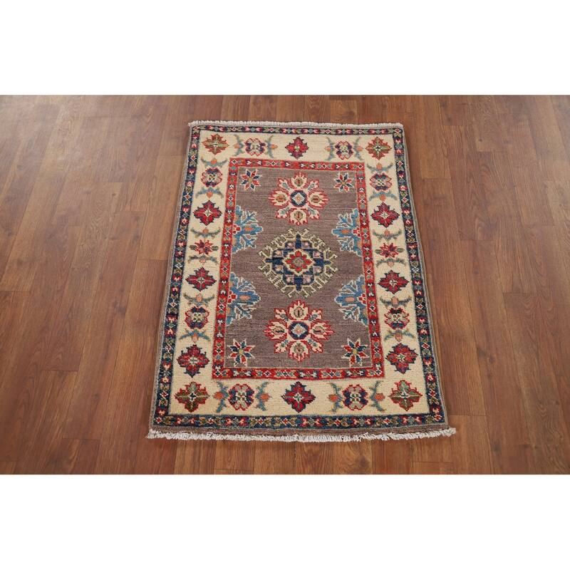 Hand Knotted Oriental 100% Wool Carpet Traditional Geometric Brown Kazak Area Rug - 2' 11'' X 2' 1''