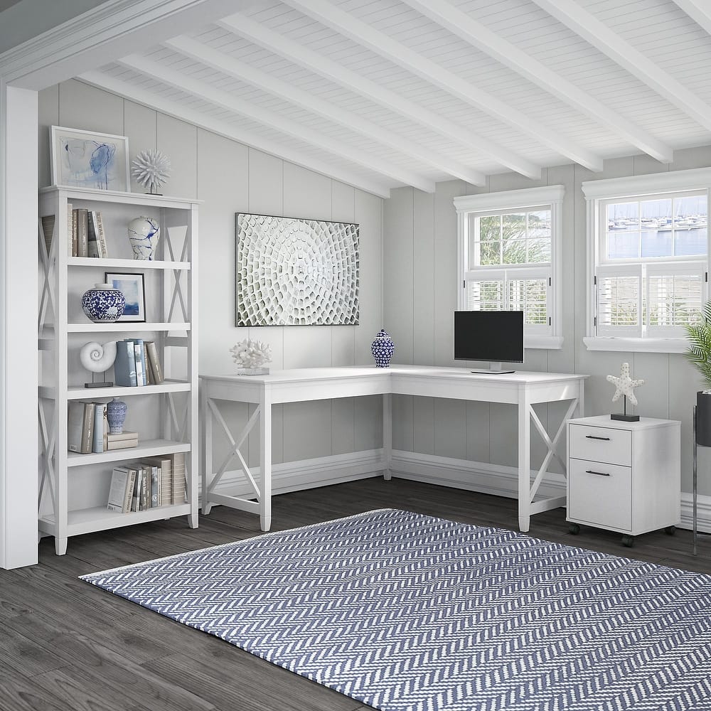 Key West 60W L Desk with File Cabinet and Bookcase by Bush Furniture