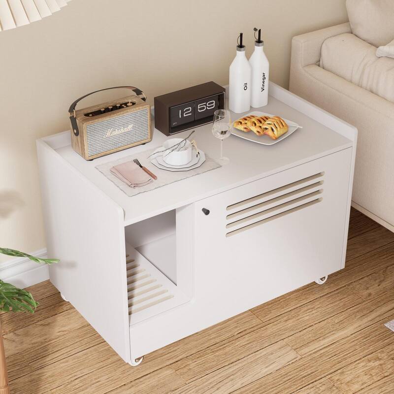 White Cat Litter Box Enclosure,Hidden Litter Box Furniture with top side fence