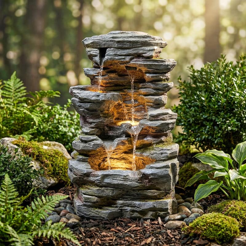 Outdoor Four-Tier Rock Fountain with LED Lighting and Natural Rock Design