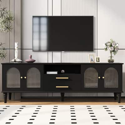 TV Stand with Arched Cabinet Doors, Entertainment Center Media Console with Adjustable Wood Legs & Storage Drawers