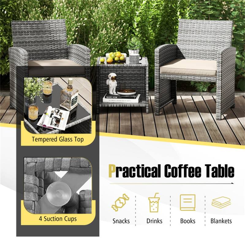 2-Piece Rattan Bistro Set with Comfortable Cushions and Tempered Glass Table Outdoor Patio - Table: 18" × 18" × 17"