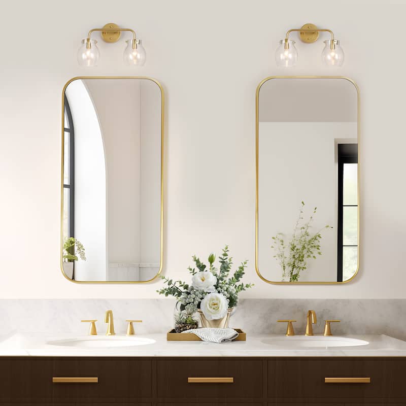 Modern 2-Light Gold Bathroom Vanity Lights Globe Wall Lighting with Seeded Glass - 14" L x 7" W x 10" H