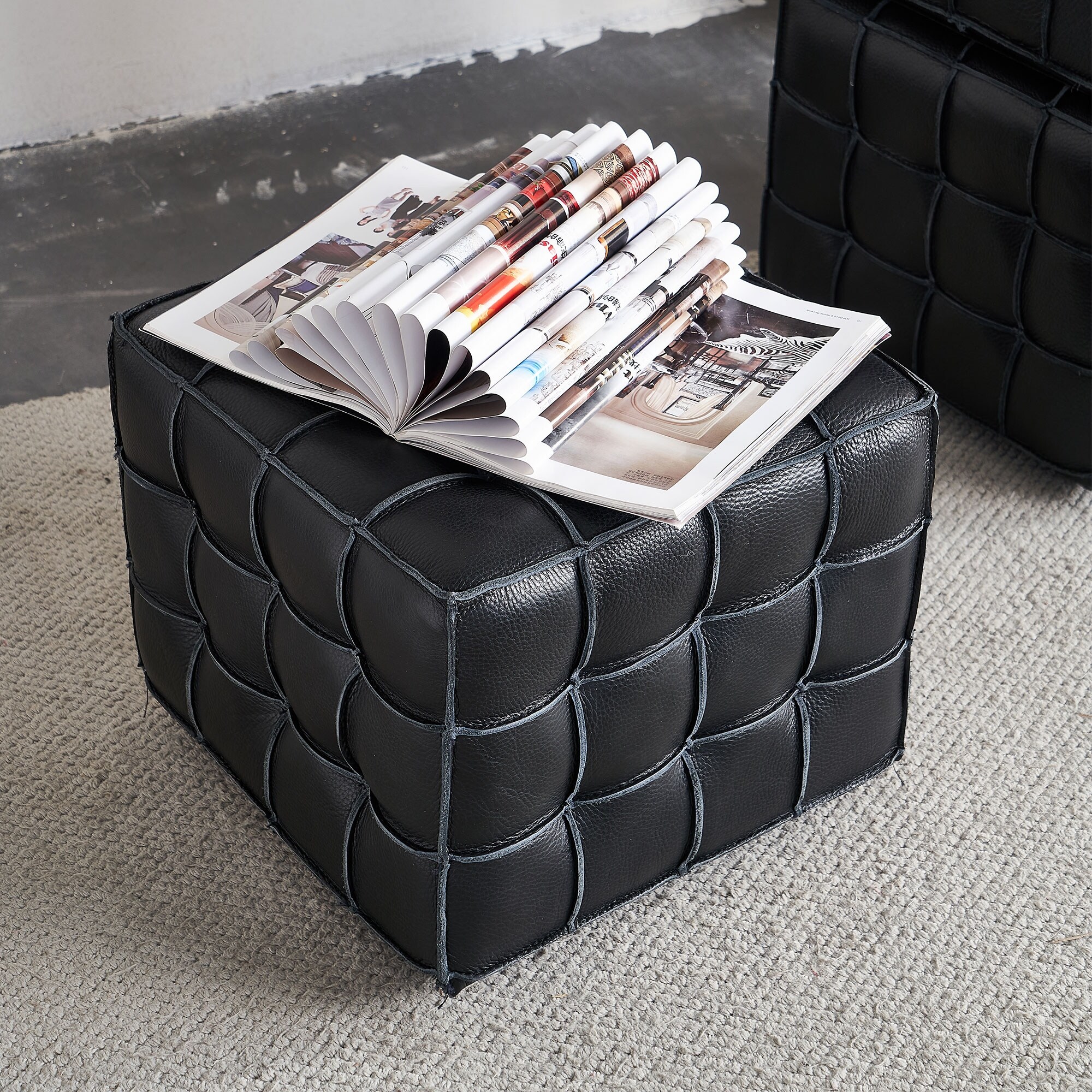 オットマン・スツール ottoman leather footstool 17.32''Genuine-Leather-Tufted-