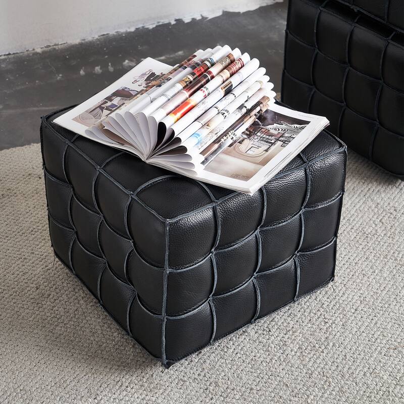 Genuine Leather Tufted Ottoman, High-density Foam Square Footstool, Upholstered Shoe Stool for Living Room, Bedroom
