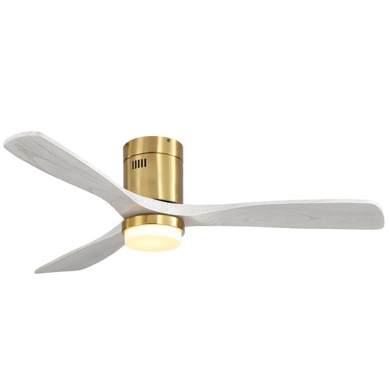 Sofucor 52 Inch Flush Mount Ceiling Fan with Remote, Reversible Motor,Integrated Light Optional - With Light - Gold with Washed White