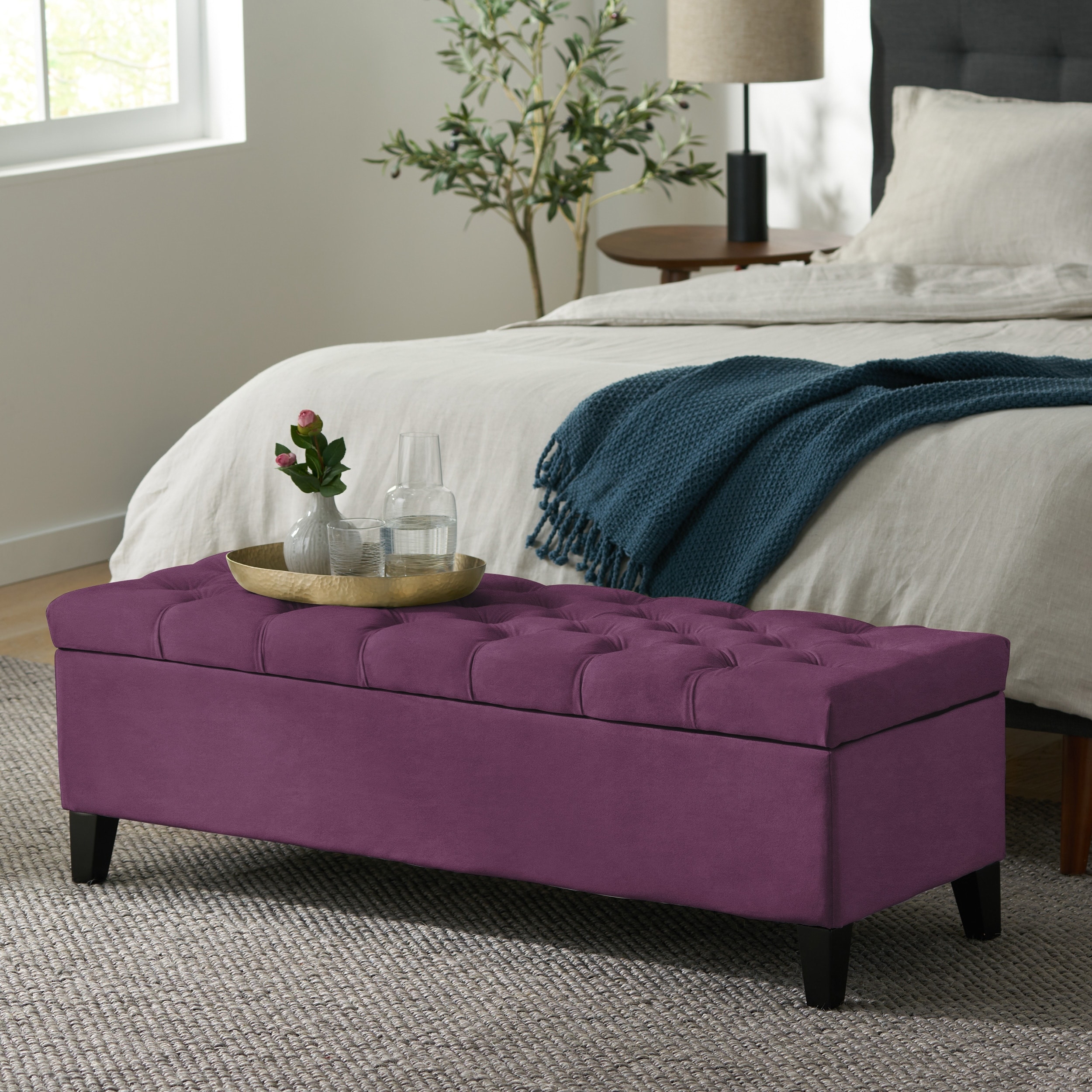 Velvet Storage Ottoman with Button-Tufted Diamond Stitch, 51"