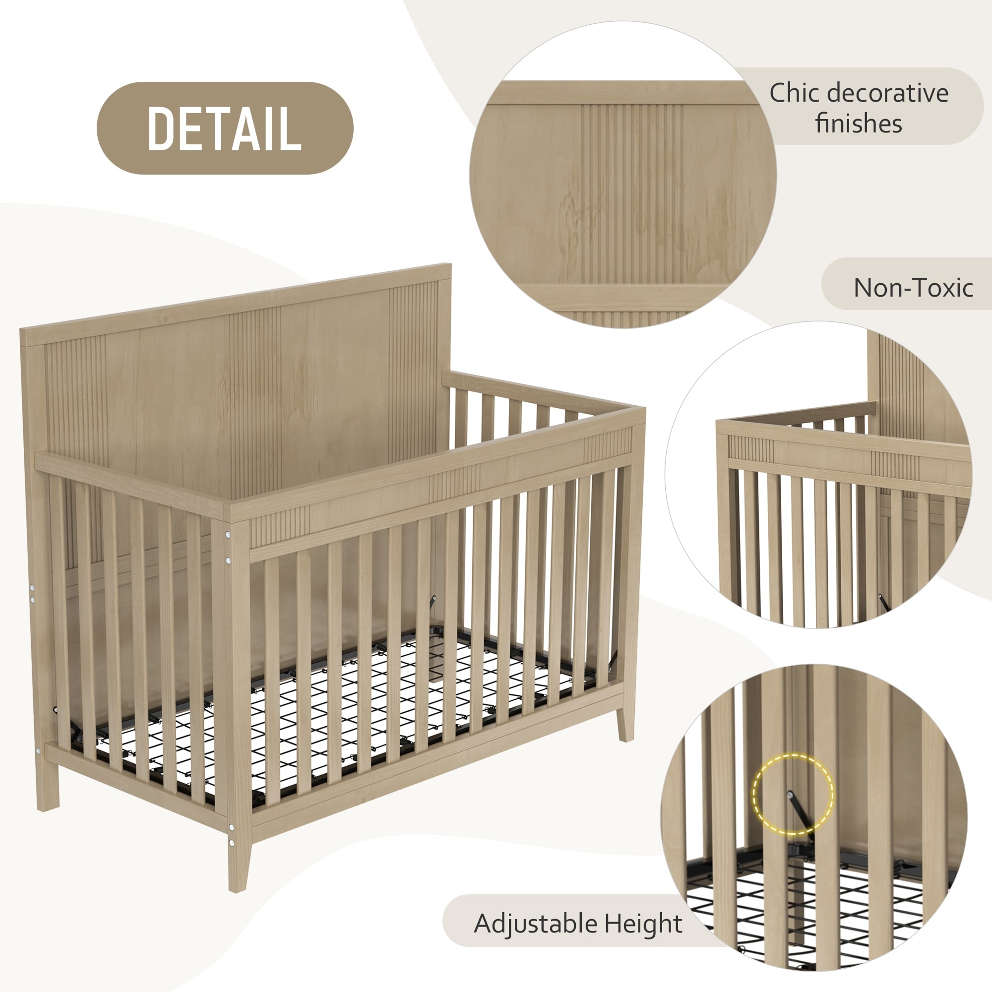 Pine Convertible Crib Baby Toddler Bed w 3 Adjustable Mattress Height Baby Safe Finish Non Toxic Finish Natural Wood