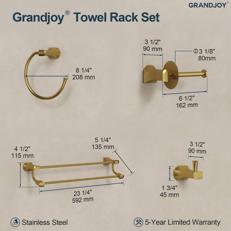 GRANDJOY 4-Piece Stainless Steel Bathroom Hardware Set with Wall Mount Double Towel Bar