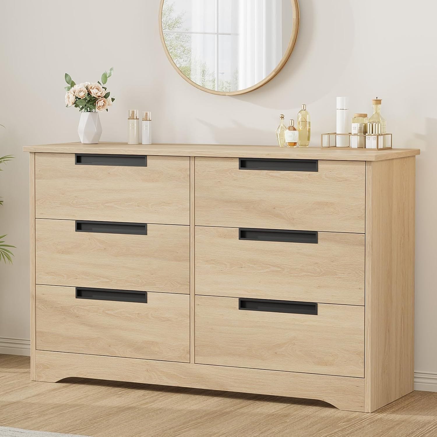 Modern Natural Double Dresser with Embedded Handles, Wooden Chest for Living Room Nursery Hallway