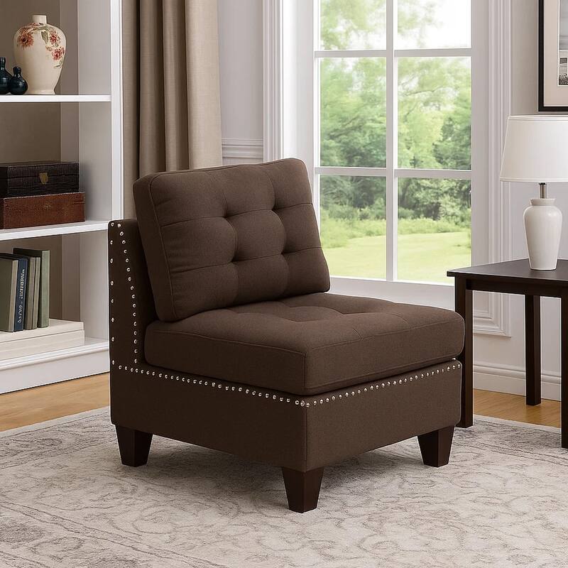 Lemy 32 Inch Modular Armless Sofa Chair, Tufted Brown Fabric, Solid Wood