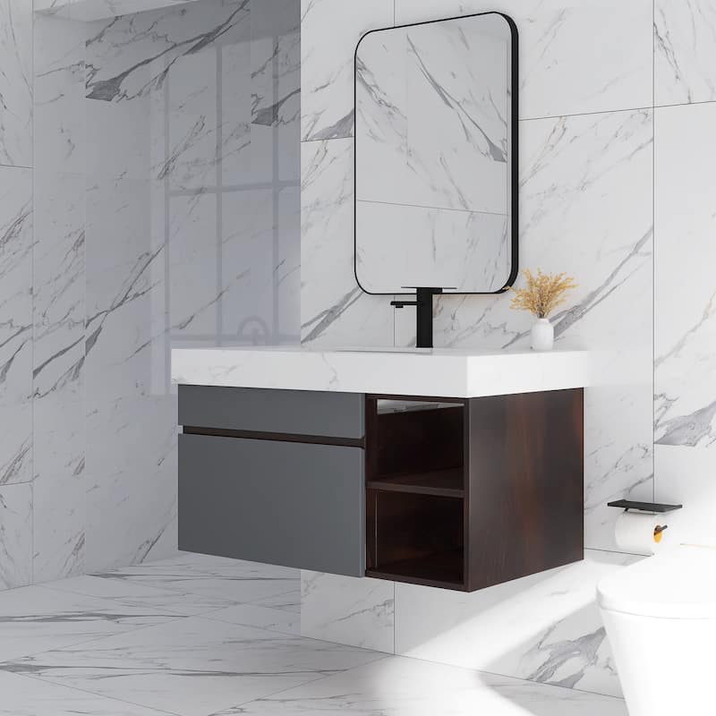 42 inch Wall Mounted Bathroom Vanity with Faux Marble Top and Basin