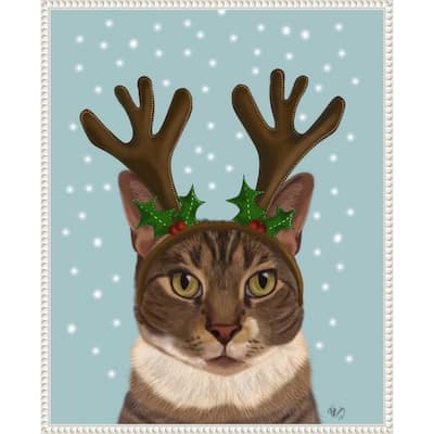 Calico Cat and Antlers by Fab Funky (23 x 28 in.), Framed Canvas Wall Art Print - Sylvie Beaded White