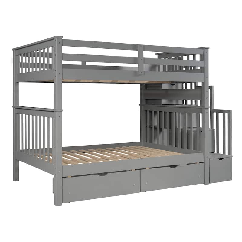 Full Over Full Bunk Bed with Shelves and 6 Storage Drawers, Gray