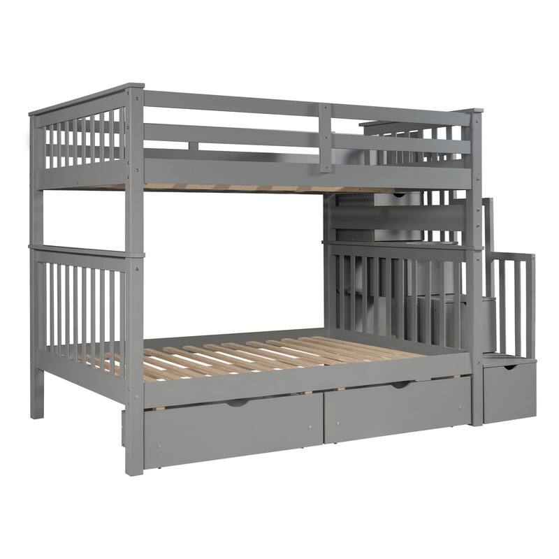 Heavy Duty Wood Bunk Bed Full Over Full Superior Quality Bunk Bed 2 Drawers and Storage Stairs and Side Shelves - Grey